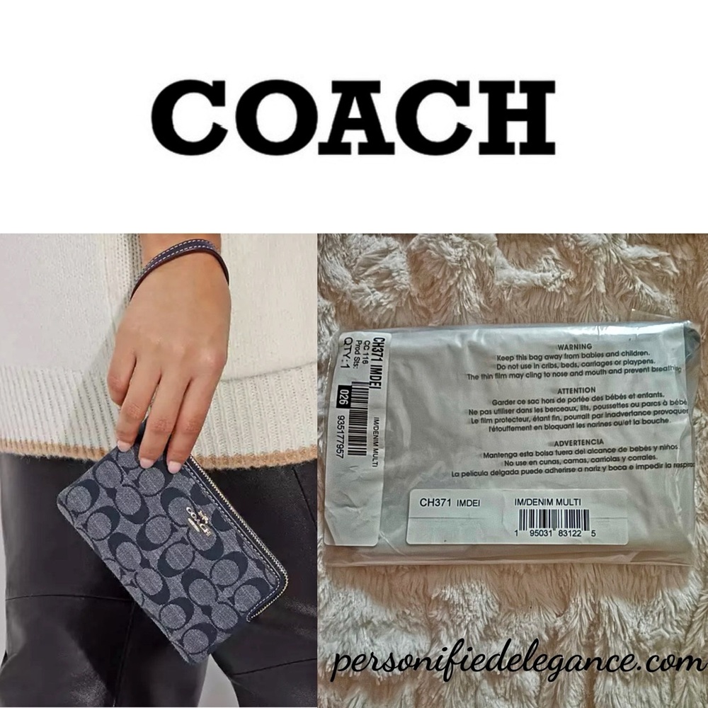 NEW Coach Signature Print Denim Multi Corner Zip Wristlet